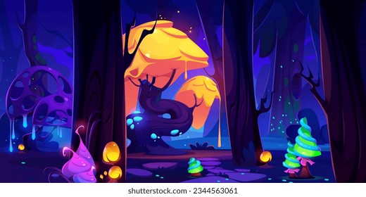 Fantasy game background with magic forest landscape at night. Fairytale world scene with dark woods with fantastic alien trees, flowers and mushrooms, vector cartoon illustration