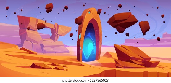 Fantasy game background with magic portal. Alien world or planet landscape of desert with teleport gates in stone arch, sand and flying rocks, vector cartoon illustration
