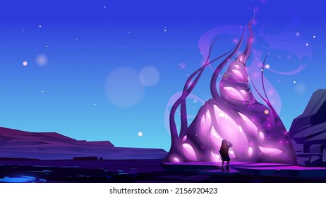 Fantasy game background with traveler walk to fantastic artifact. Vector cartoon illustration of winter landscape of alien world with magic portal or plant with purple bubbles and man with backpack