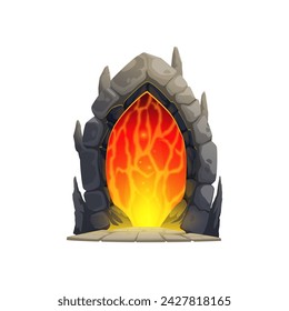 Fantasy game cartoon magic portal door. Isolated vector mystical ancient tunnel with arched stone doorway and fiery energies, beckoning adventurers to traverse realms, unlocking fantastical worlds