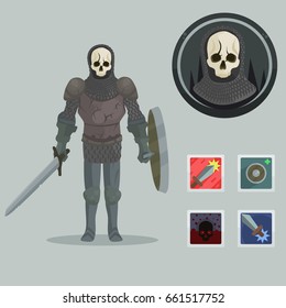 Fantasy game character concept: skeleton warrior with sword and shield. Character portrait and skills icons 