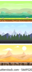 Fantasy game design landscapes set with meadow forest mountain and desert sceneries vector illustration