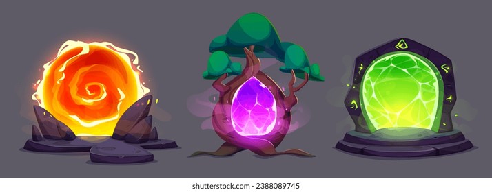 Fantasy game door with magic glowing portal to travel in space and time. Cartoon vector illustration set of wood and stone gate with neon illuminated magma entrance for adventure in parallel world.