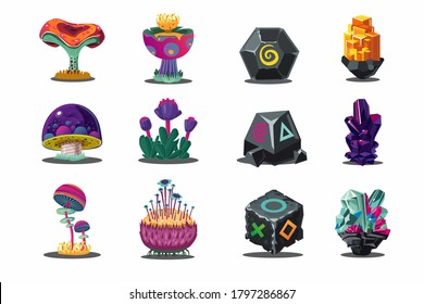 Fantasy game environment set. Cartoon style flowers, stones and mushrooms. Concept design art.