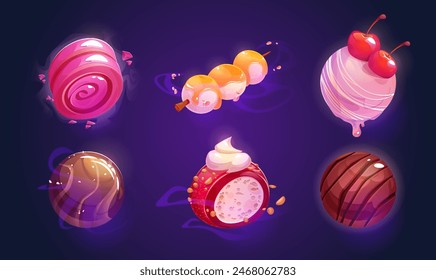 Juego de fantasía y cuento de hadas planetas alienígenas hechos de dulces y postres dulces. Conjunto de Vector de dibujos animados de bolas de confitería de ficción para la creación de galaxias del mundo de maravilla. Esfera de chocolate, caramelo y helado