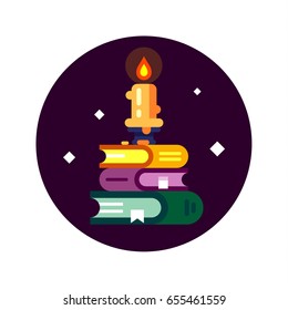 Fantasy game flat books icon. Magic books and a candle in the mystical night. Vector stock illustration.