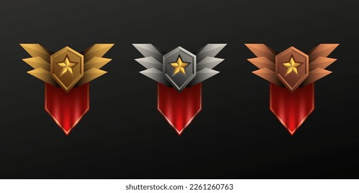 Fantasy game gui level achievement badges with gold, silver and bronze