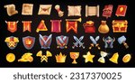 Fantasy game icon set, dragon dungeon UI medieval RPG object, magic parchment book, royal flag. Golden treasure chest, coin pile, wooden knight shield, sword, envelope, old map. Fantasy casino icon