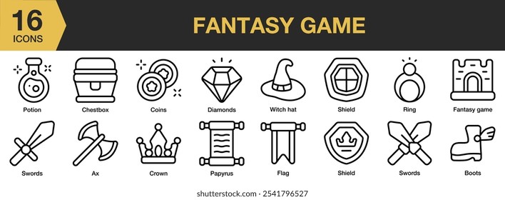 Fantasy Game icon set. Includes axe, boots, chest box, coins, crown, diamonds, and More. Outline icons vector collection.