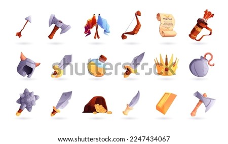 Fantasy game icons. Cartoon medieval weapon icons, gold coins treasure chest flag old papyrus magic potion bottle, flat asset for UI RPG. Vector illustration of game icon design