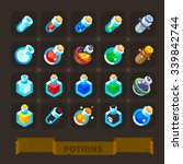 Fantasy  game icons set: different potions, health potion, haste potion, power-up potion, empty beakers and flasks.  Flat vector illustration stock set. 