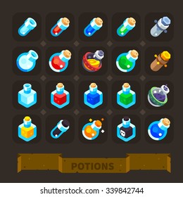 Fantasy  game icons set: different potions, health potion, haste potion, power-up potion, empty beakers and flasks.  Flat vector illustration stock set. 