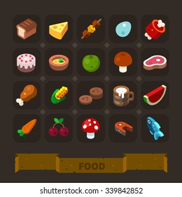 Fantasy game icons set: different food for higher health level: bread, cheese, egg, meat, cake, apple, mushroom, beefsteak, chicken, cookie, beer, fish. Flat vector icon set.