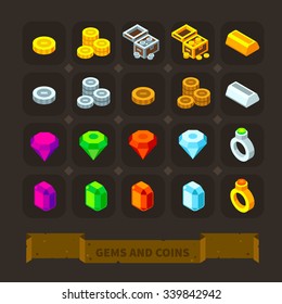 Fantasy Game Icons Set: Gems And Coins: Gold, Silver Coins, Treasure Chest, Different Gems, Golden And Silver Bars, Precious Rings. Flat Stock Vector Illustration Icon Set.