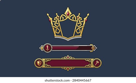 Fantasy game interface elements include a golden crown emblem and decorative health and mana bars for character statistics.