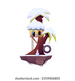 Fantasy game island with hut in winter. Vector cartoon cute fairy tale village house with ladder on the coconut palm tree trunk. Rural village wooden dwelling with snowman on floating rock land