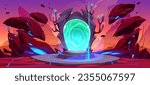 Fantasy game landscape with magic portal cartoon background. Door inside boulder for travel to cosmic alien world. Fantastic rock gate with aura glow and flying stone. Rpg desert with blue hole