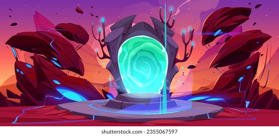 Fantasy game landscape with magic portal cartoon background. Door inside boulder for travel to cosmic alien world. Fantastic rock gate with aura glow and flying stone. Rpg desert with blue hole