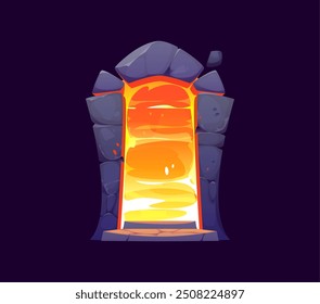 Juego de fantasía puerta de portal mágico, juego de brujería activo. Arco místico de piedra con plasma vibrante y brillante en tonos de naranja y amarillo. Vector de dibujos animados puerta de entrada a un viaje de reino desconocido y mágico