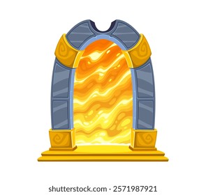 Fantasy game magic portal door, witchcraft game asset. Mystical magic teleport, stone archway with golden runes and glowing orange and yellow plasma. Cartoon vector gateway to magical realm travel