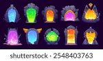 Fantasy game magic portal doors for witchcraft game assets, vector cartoon GUI elements. Magic portal door or parallel world entrance and teleport gate with plasma in stone rock arch for mystery game