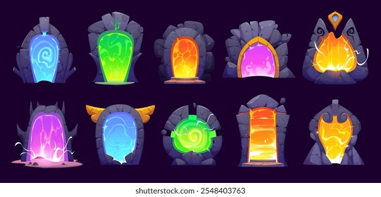 Fantasy game magic portal doors for witchcraft game assets, vector cartoon GUI elements. Magic portal door or parallel world entrance and teleport gate with plasma in stone rock arch for mystery game