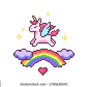Fantasy Game Pixel Art Poster With Unicorn, Heart, Rainbow, Stars, Glitters And Clouds.