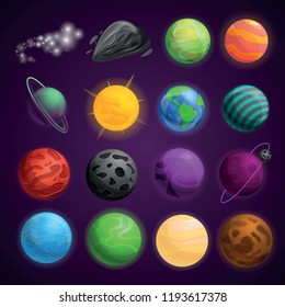 Fantasy game planet set icons. Cartoon set of fantasy game planet vector icons for web design