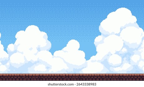 Fantasy game platform background with blue sky and floating clouds. Pixel art level design for video game.