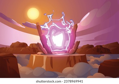 Portal de juegos de fantasía sobre el acantilado. Puerta de piedra mágica al mundo extraterrestre, entrada al universo paralelo. Vector de caricatura ilustración futurista del paisaje de montaña con vorágine brillante y sol en el cielo