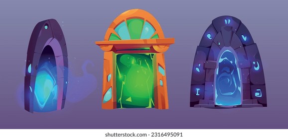 Fantasy game portals, magic doors to alien world, planet or time. Futuristic gates, teleports with mystic green and blue light in stone and wooden arches, vector cartoon illustration