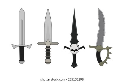 Fantasy game resources. Daggers set. Human, elf, vampire. Vector clip art illustration isolated on white 