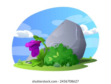 Fantasy game scene with a bright purple flower growing next to a stone against a blue sky with clouds. Magic nature vector design isolated for creativity.