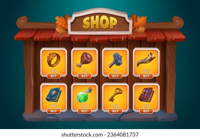 Fantasy game shop ui interface with buy button cartoon design. Fall wood store menu frame for mobile app screen for user. 2d autumn board with leaves with poison, ring, meat and key web concept.