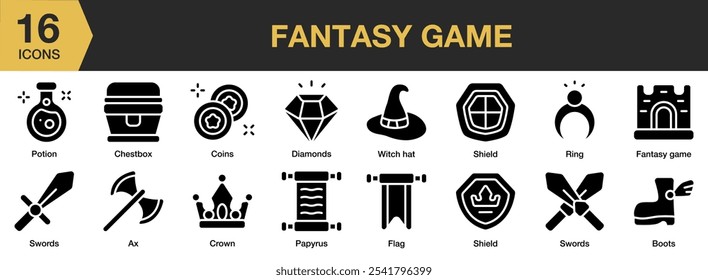 Fantasy Game solid icon set. Includes axe, boots, chest box, coins, crown, diamonds, and More. Solid icons vector collection.