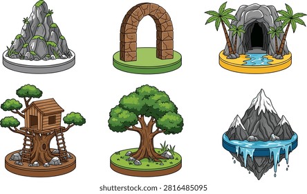 Fantasy game U I set with mountain cave stone arch treehouse oak tree and floating ice island fantasy game mountain cave