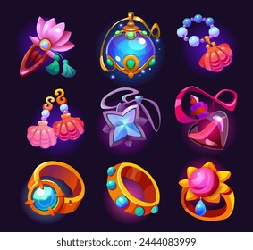Fantasy game ui icon. Magic ring and amulet inventory set. Wizard crystal and gem stone treasure for skill. Shiny silver and gold witch trophy element asset. Potion pendant and earrings illustration