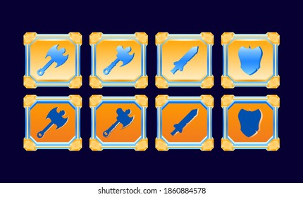 Fantasy game ui set. Golden Glossy diamond framed fighting weapon panel templates. GUI asset elements vector illustration