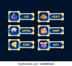 Fantasy game ui set. Golden Glossy diamond framed panel templates. GUI asset elements vector illustration