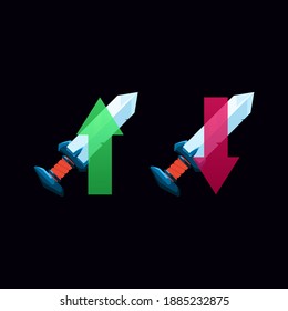 Fantasy-Spiel mit dem Upgrade und der Herabstufung von Waffenschwert Macht-Ikone für Guesthaben-Elemente Vektorgrafik