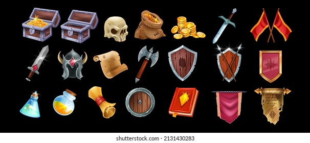 Fantasy Game Vector Icon Set, Medieval UI Game Badge, Wooden Warrior Shield, Full Gold Chest, Potion. Magic RPG Objects Kit, Knight Weapon, Iron Helmet, Old Papyrus, Standard. Game Icon Collection