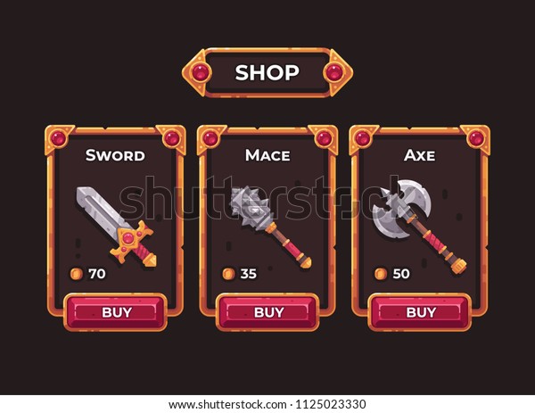 Fantasy game weapon shop concept. Game shop\
UI frame illustration.