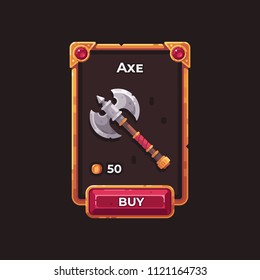 Fantasy game weapon shop UI illustration. Medieval axe game card.