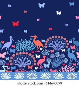 Fantasy garden and butterflies. Seamless border with cranes, herons and flowers.