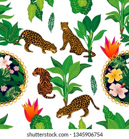 Fantasy garden in jungle. Seamless vector pattern with leopards, tigers and tropical plants. Ethnic textile collection. On white background.