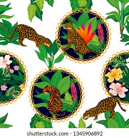 Fantasy garden in jungle. Seamless vector pattern with leopards, tigers and tropical plants. Ethnic textile collection. On light background.