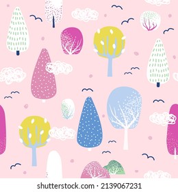 Fantasía jardín sin costura. Impresión infantil con árboles. Ilustración dibujada a mano por vectores.
