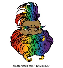 Fantasy gay dwarf engineer face. Rainbow colored outline character. Man with big beard, iroquois, moustache. Gay pride man for barber shop. Creature from wonder land.  gaffer. Funny oldster