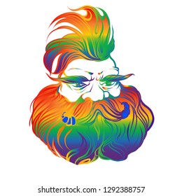 Fantasy gay dwarf engineer face. Rainbow colored outline character. Man with big beard, iroquois, moustache. Gay pride man for barber shop. Creature from wonder land.  gaffer. Funny oldster