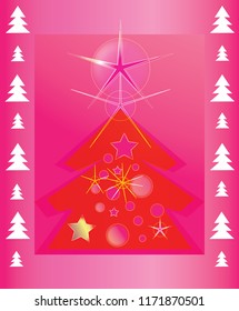 Fantasy geometric Christmas tree in red shades with a decor. Card. Congratulations on the holiday